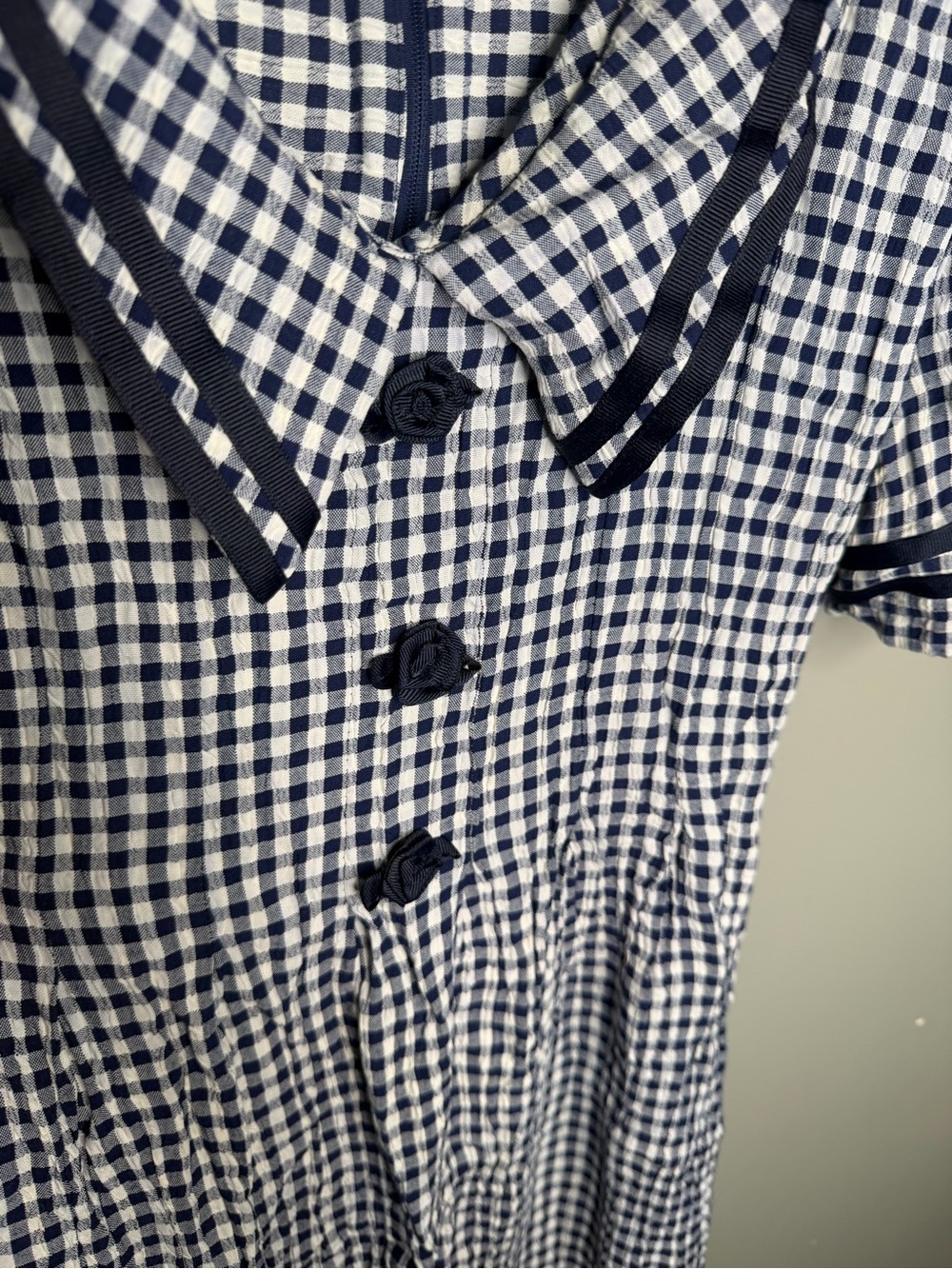 J.S. Edward Vintage 90s Navy Gingham Prairie Rosette Collar Midi Dress - Picture 8 of 12